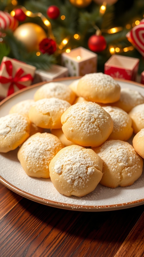 Lemon Christmas Cookies Recipe A plate of lemon cookies dusted with powdered sugar, perfect for Christmas baking.